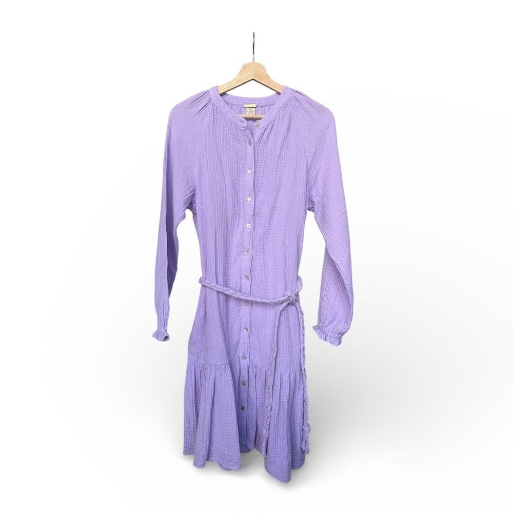 Magaschoni Soft Pastel Lavender Organic Cotton Gauze Shirt Dress S‎ Belted Midi